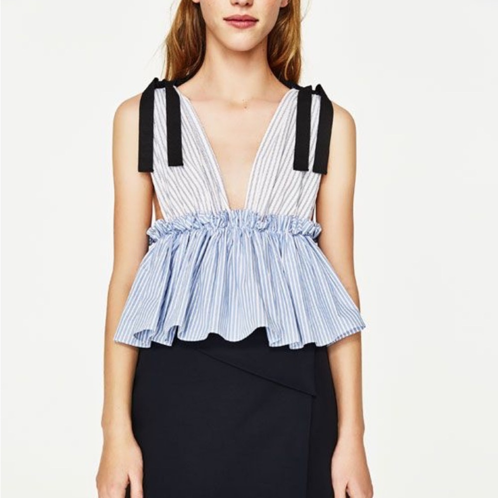 Zara Blue and White Striped Crop Top - Picture 1 of 4
